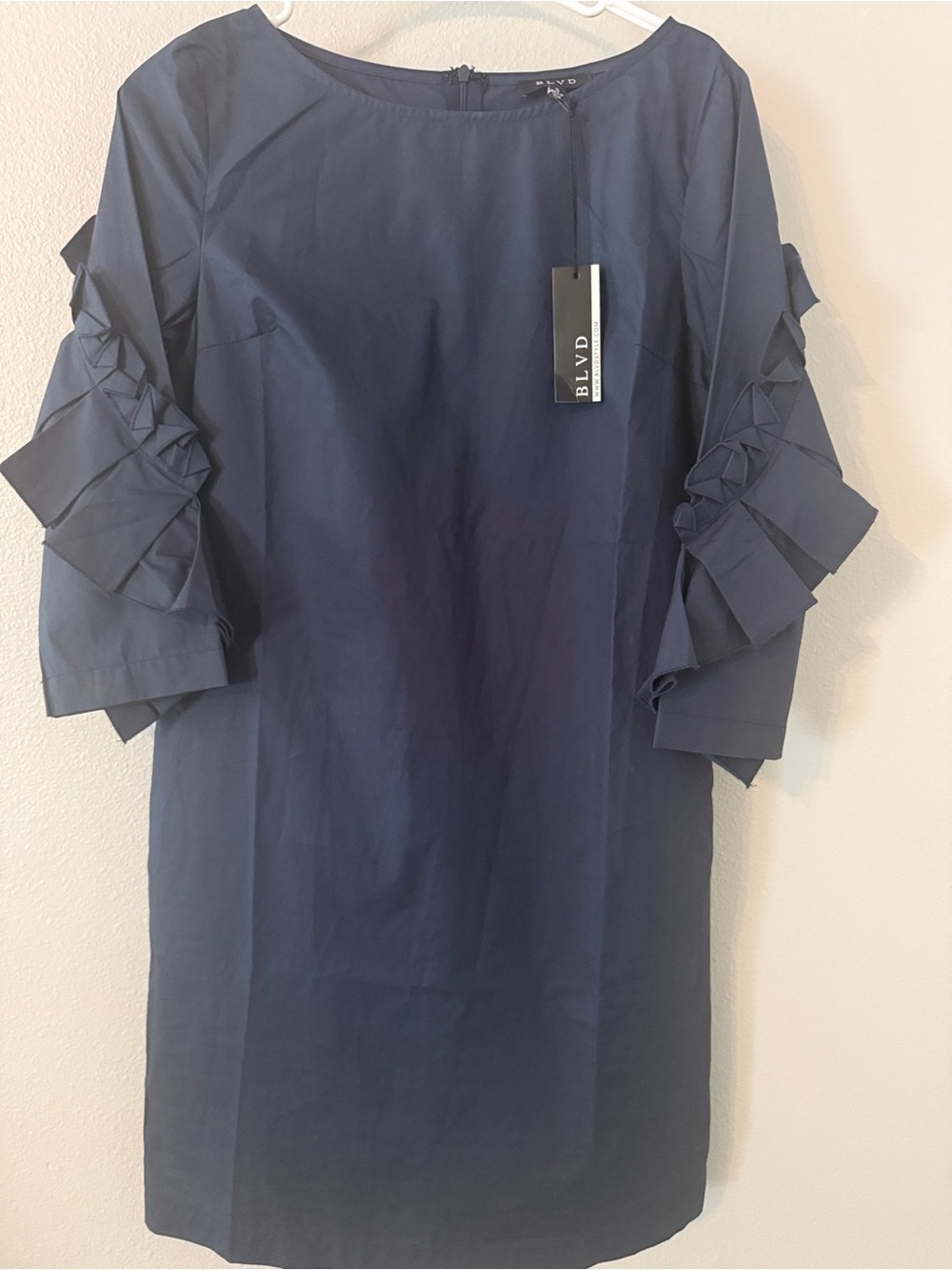 BLVD Navy Midi Dress with Ruffle Sleeve Detail